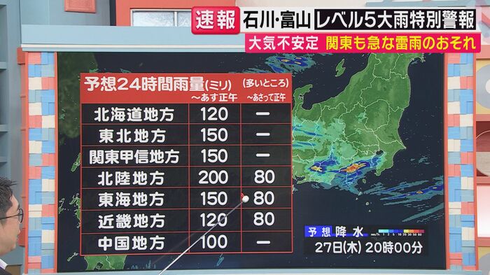 27日夜にかけて広い範囲で激しい雨
