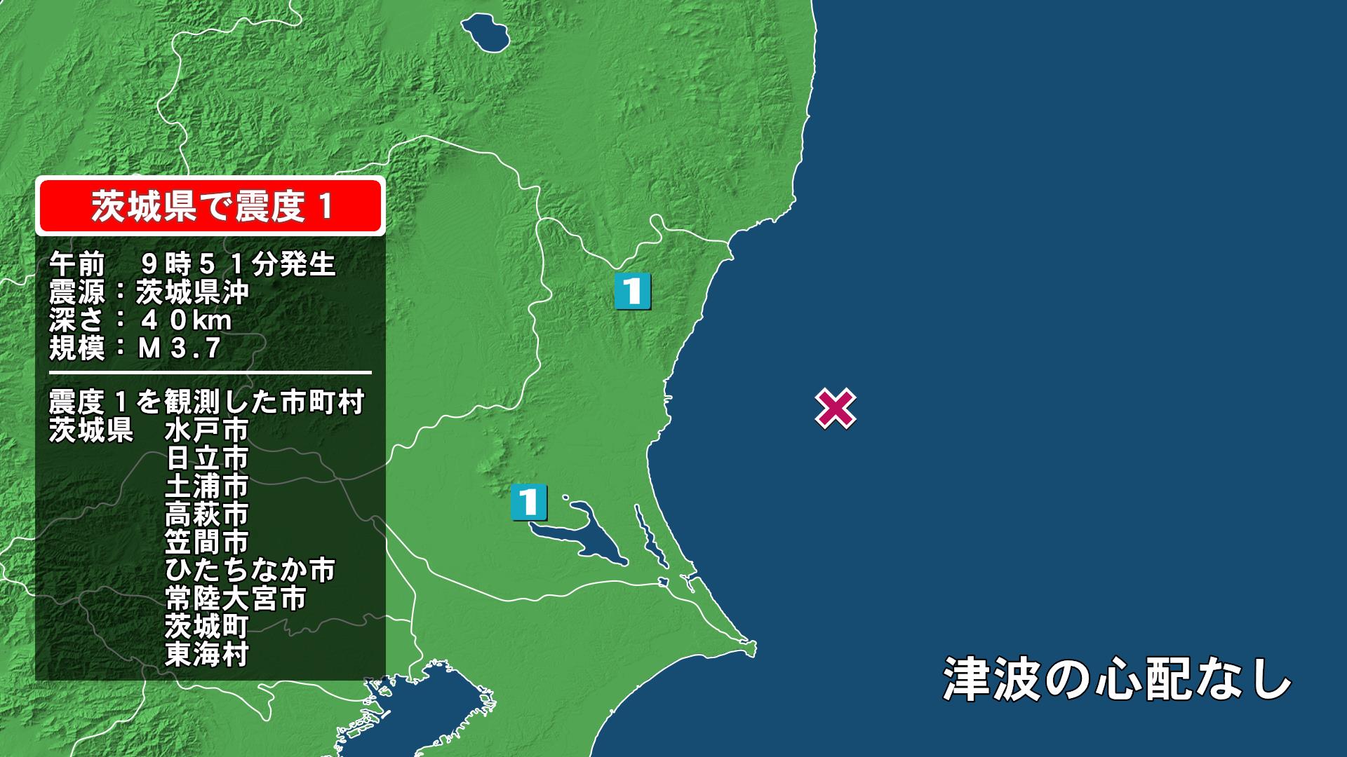 茨城県で最大震度1の地震　茨城県・水戸市、日立市、高萩市、笠間市、ひたちなか市、常陸大宮市、茨城町、東海村