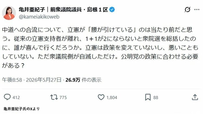 亀井亜紀子氏のＸより