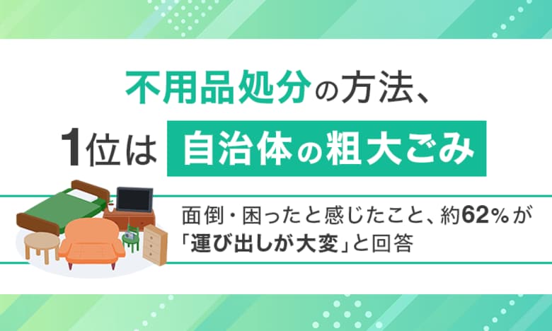不用品処分の方法、1位は「自治体の粗大ごみ」。面倒・困ったと感じたこと、約62%が「運び出しが大変」と回答
