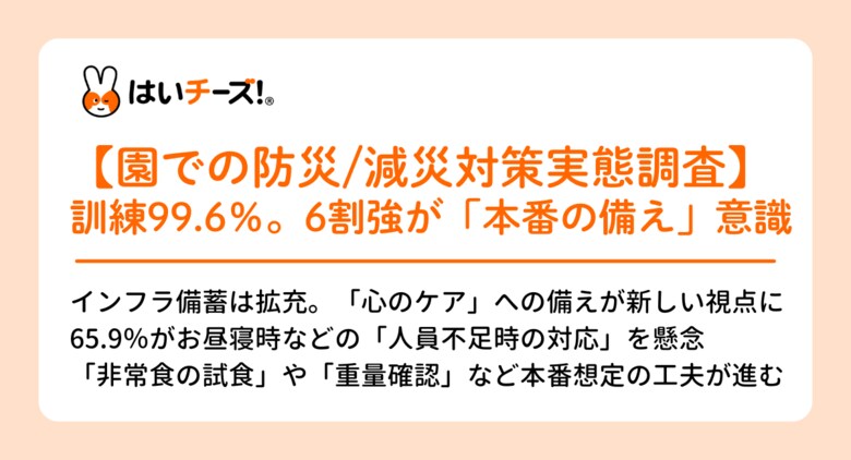 【東日本大震災から15年：園の防災・減災に関する実態調査】避難訓練の実施率は99.6％。今後は「本番想定の工夫」がより重要に