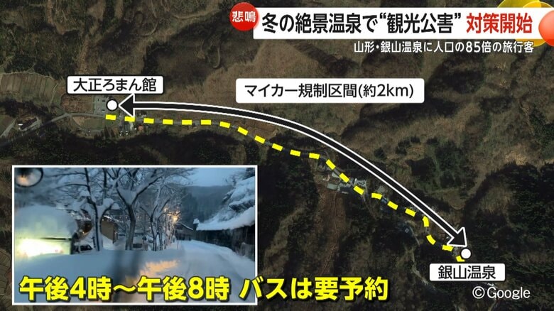 銀山温泉の手前約2kmをマイカーの規制区間に