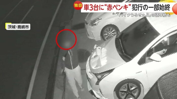 車を横切るようにペンキをかける人物（視聴者撮影）
