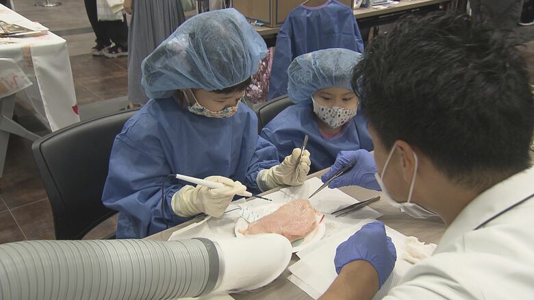電気メスで鶏肉を切る体験も…病院で救急の仕事を体験できる『救急フェス』子供たちが心臓マッサージにも取り組む｜FNNプライムオンライン