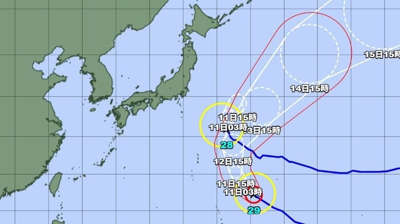【台風情報】ダブル台風が発生中　台風28号と台風29号の進路予想　台風29号は11日午後3時には「非常に強い勢力」で小笠原近海に達する予想　台風28号は11日午後3時には温帯低気圧に変わる予想｜FNNプライムオンライン