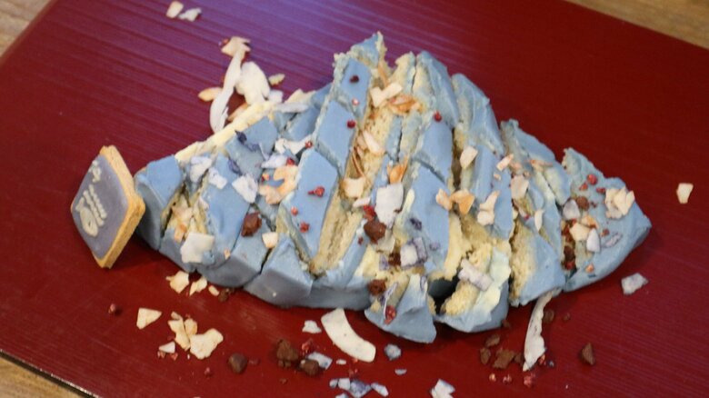 目標14の海の現状：ココナッツでプラごみを表現　魚が悲鳴を上げているようにも見える