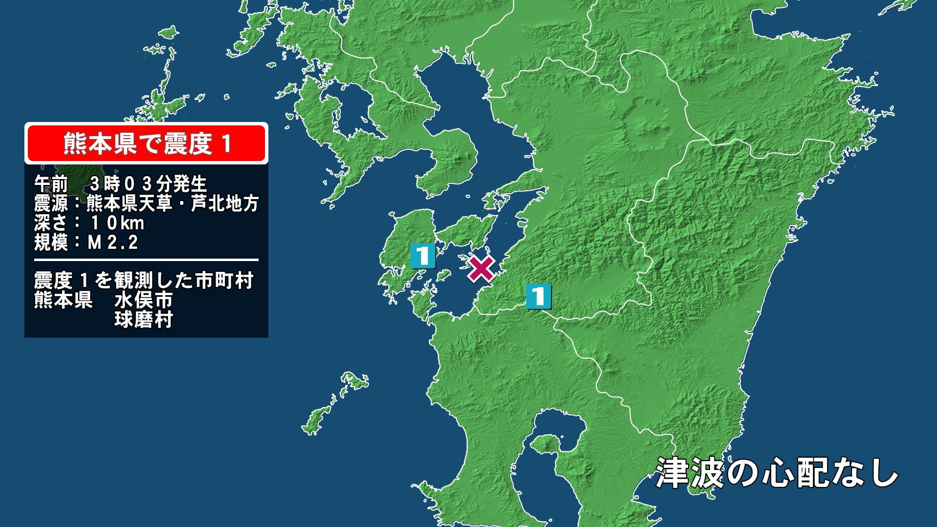 熊本県で最大震度1の地震　熊本県・球磨村、水俣市