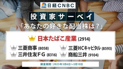 【「あなたの好きな配当株は?」日経CNBC 投資家アンケート】1位は日本たばこ産業(JT)、商社やメガバンクも人気