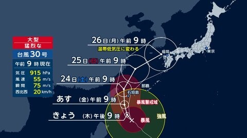 “最強クラス”台風30号あすにも先島諸島に接近へ　最大瞬間風速55mの猛烈な風で住宅倒壊の恐れ　西日本から東日本で警報級大雨の恐れも
