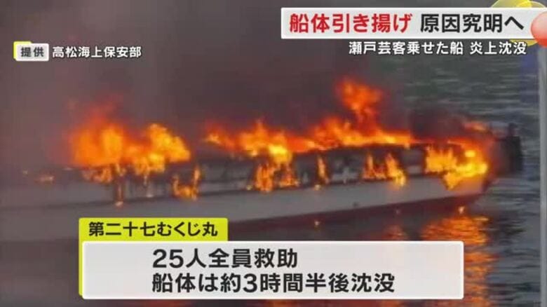 楽しいはずの「瀬戸芸」船旅が悪夢に…真っ黒に焼け焦げ沈没した観光船を引き揚げ　原因究明へ　香川・岡山｜FNNプライムオンライン