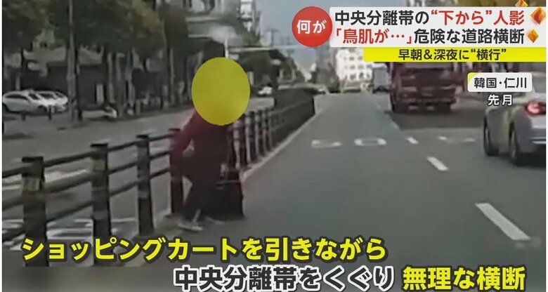 中央分離帯をくぐった後、堂々と道路を横断する人