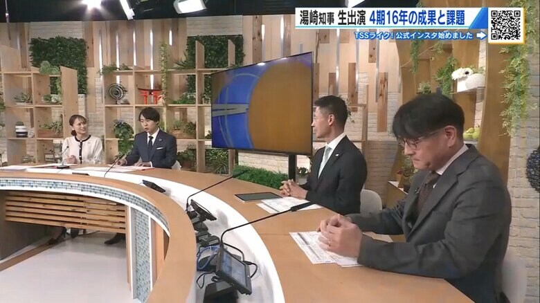 退任前、テレビ新広島の番組に生出演した湯崎知事