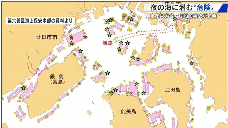 ☆印は過去5年間にカキいかだへの衝突・乗りあげが起こった場所