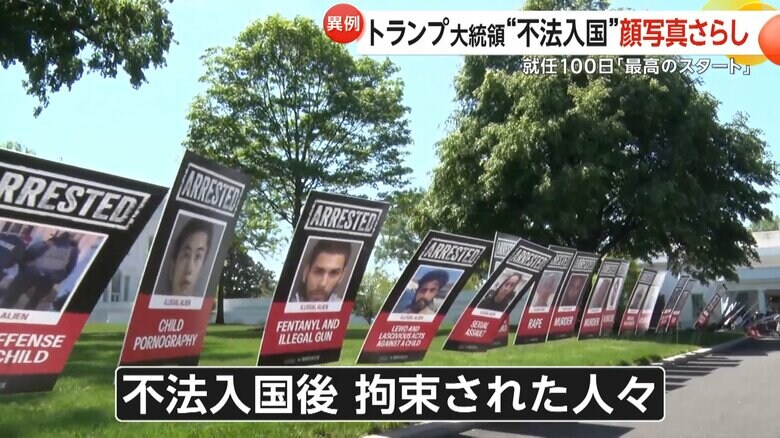 ホワイトハウスに並べられた不法入国して拘束された人達の顔写真付きのボード