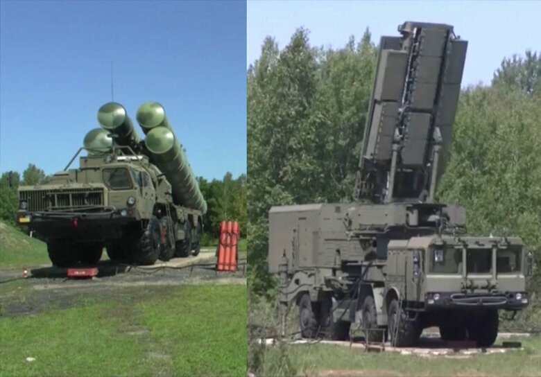 ロシア軍S-400地対空ミサイル・システム発射装置（左）S-400システム用96L6E捜索・追跡レーダー（右）