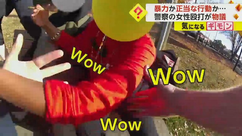 警察官に大声を上げて抵抗する女性