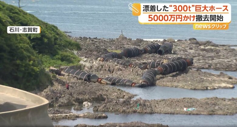 撤去作業が始まった海岸に漂着した中国製巨大ホース