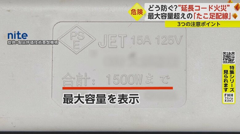 テーブルタップなどの配線器具には、最大容量が表示されているものが多い