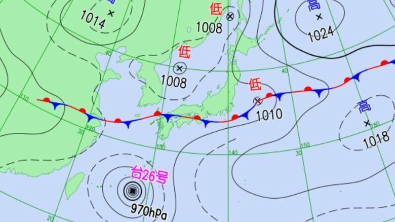天気図　9月27日午後9時の予想　気象庁HPより