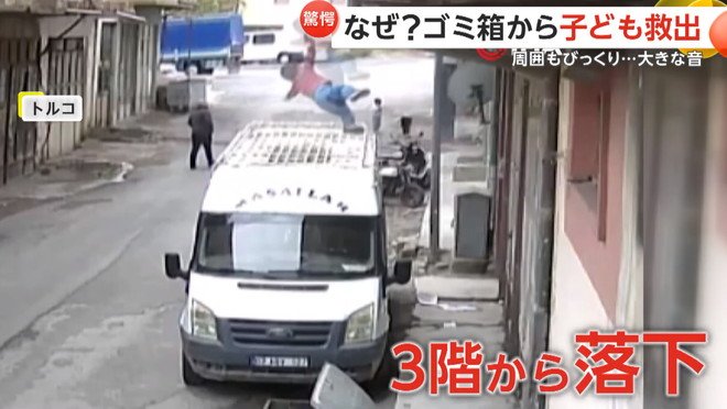 子どもが3階からゴミ箱の中に転落する瞬間（トルコ）④