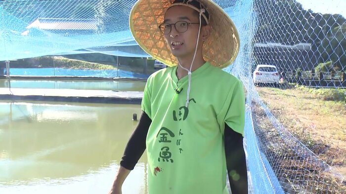 Tシャツに「田んぼで金魚」と書いてある