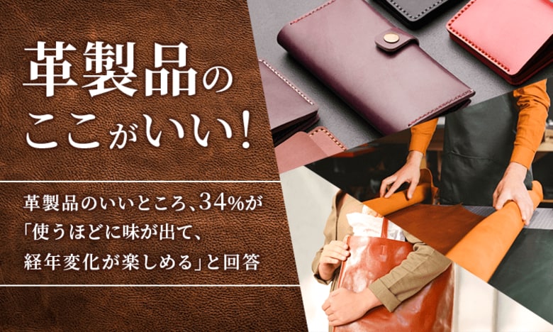 【革製品のここがいい!】革製品のいいところ、34%が「使うほどに味が出て、経年変化が楽しめる」と回答