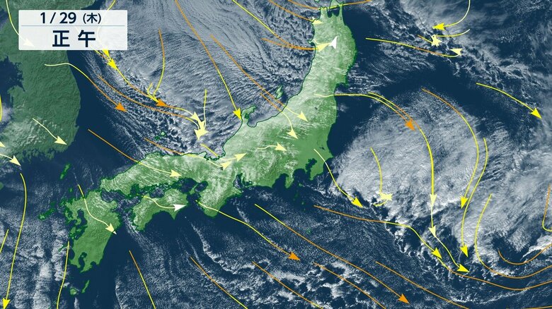気象衛星ひまわり（可視画像）　房総半島沖の雲は風が衝突して発生