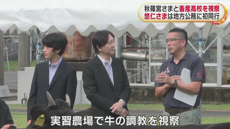 それぞれ関係者から話を聞かれる秋篠宮さまと悠仁さま（鹿児島・曽於市）
