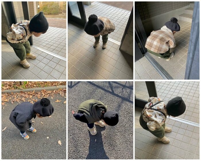 何かを発見?中腰姿勢もおじいちゃんっぽい?