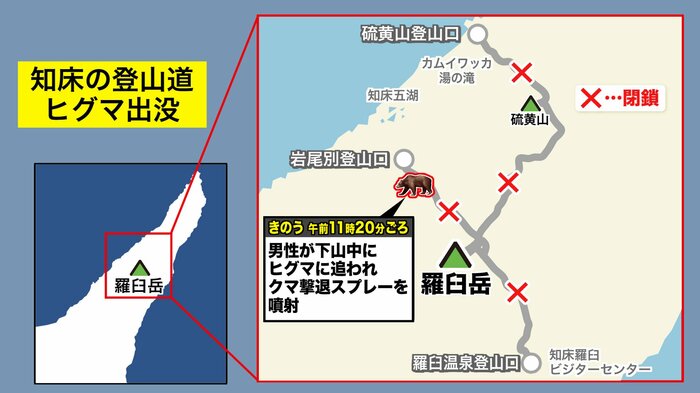 知床半島にある羅臼岳で男性がクマと遭遇