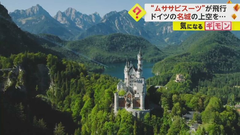 ドイツのノイシュヴァンシュタイン城に向かって一直線に滑空する