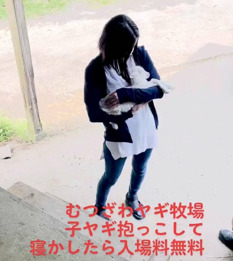 子ヤギ抱っこして寝かしたら入場料無料チャレンジ成功者（提供：むつざわヤギ牧場）