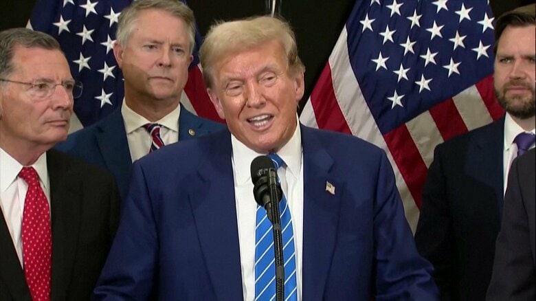 6月13日、議会近くで共和党議員と非公開の会合を開き、結束を呼びかけたトランプ氏