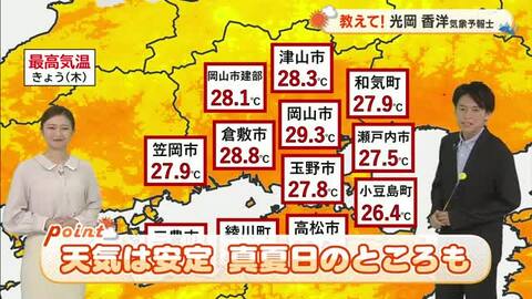 【光岡気象予報士のお天気解説】５月１５日（金）の「天気は安定　真夏日のところも」【岡山・香川】