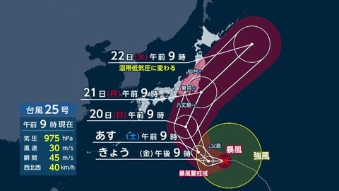 【台風情報】台風25号　今後の進路　20日から21日にかけて関東で24時間200ミリ予想　高波・強風・土砂災害などに警戒　気象庁