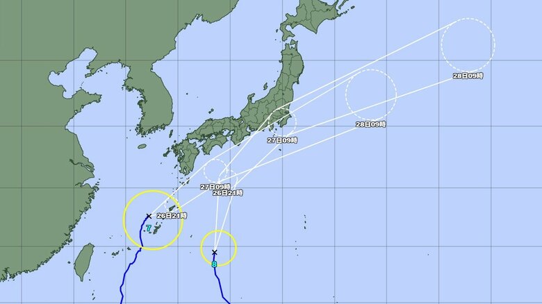 【台風情報】ダブル台風の最新進路予想を気象庁が発表　8号はきょう朝に7号は27日夜に列島最接近　浸水や氾濫に警戒を｜FNNプライムオンライン