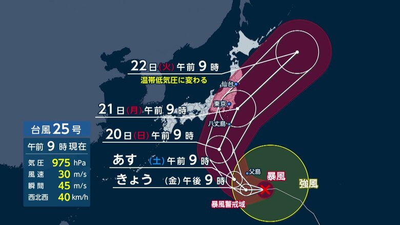 【台風情報】台風25号 今後の進路 20日から21日にかけて関東で24時間200ミリ予想 高波・強風・土砂災害などに警戒 気象庁|FNNプライムオンライン