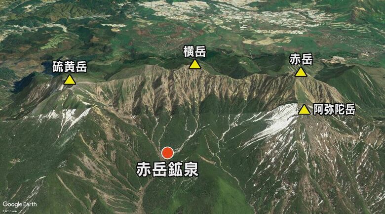 「赤岳鉱泉」の位置（Google Earthより）