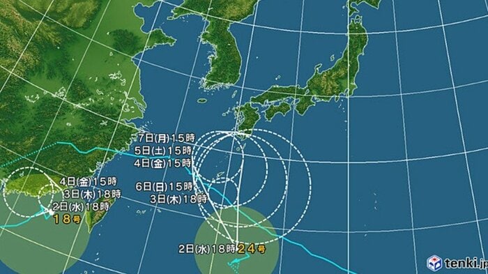 台風18号と台風24号の進路予想図　日本気象協会より