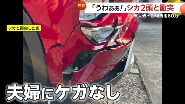 衝突でボロボロになった車の前方部分