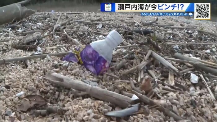 プラごみが散乱する宮島の包ケ浦海岸