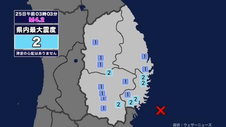 【地震】岩手県内で震度2 宮城県沖を震源とする最大震度2の地震が発生 津波の心配なし｜FNNプライムオンライン