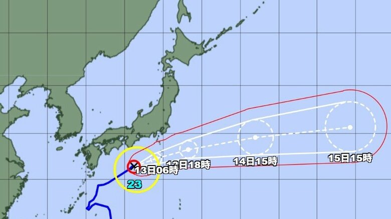 【台風情報】台風23号　今後の進路予想は　潮岬の南約240キロを1時間に約30キロの速さで東北東へ　気象庁の発表（12日午後8時50分）｜FNNプライムオンライン