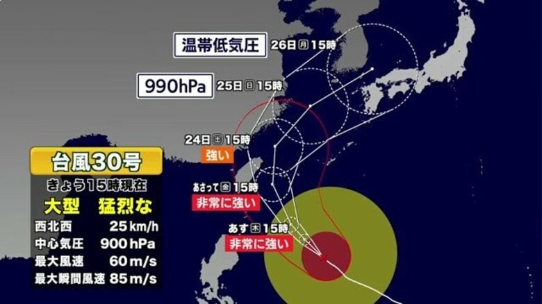 【台風情報】台風30号が九州接近の恐れ 中心気圧900hPaに 台風の進路予想・シミュレーション 高波に警戒 気象情報全般の最新情報 |FNNプライムオンライン