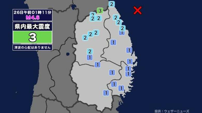 【地震】岩手県内で震度3 岩手県沖を震源とする最大震度3の地震が発生 津波の心配なし｜FNNプライムオンライン