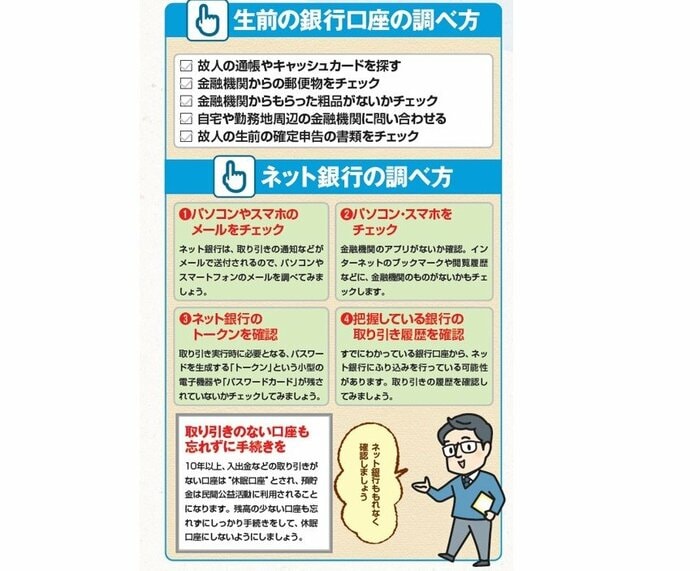 銀行口座、ネット銀行の調べ方(『【図解】身内が亡くなった後の手続きがすべてわかる本 2026年版』から抜粋)
