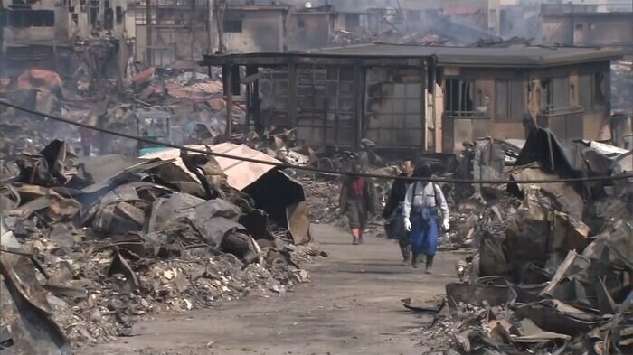 東日本大震災による津波とその後の火災で町の中心部が壊滅した大槌町
