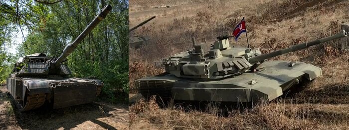 左:ウクライナ軍M1A1エイブラムス戦車(ウクライナ国防省公式Xより)右:北朝鮮軍M2020戦車(エイブラムスもどき)