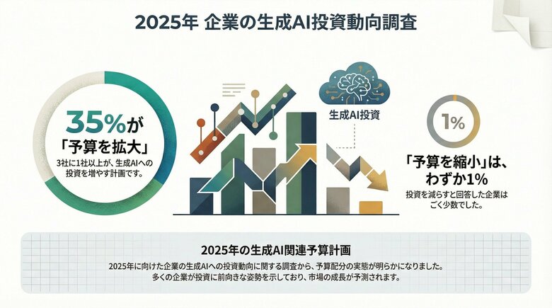 【2025年12月最新調査】企業の生成AI投資動向、「様子見」から「本格化」へシフト――予算拡大派が35.5%、縮小派はわずか1%