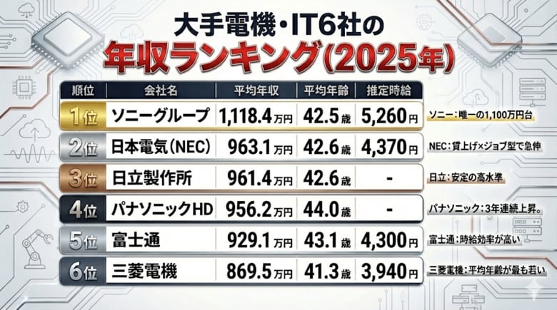 【大手電機・IT6社】年収×残業分析（2025年）｜平均年収966万円、残業は開示企業で20.2～23.7時間